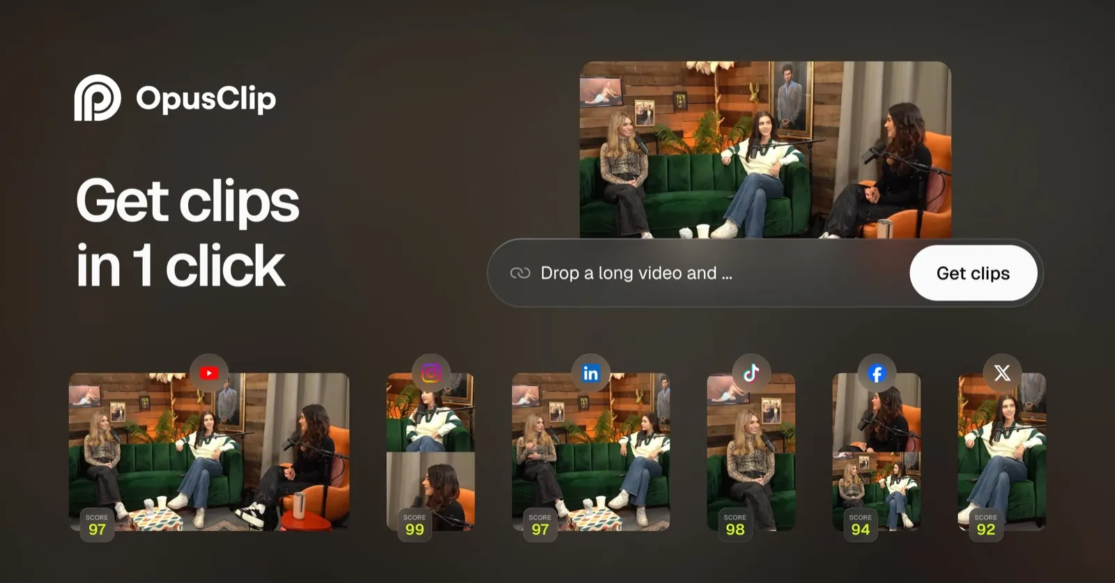 Opus Clip turning one long video into scored short clips